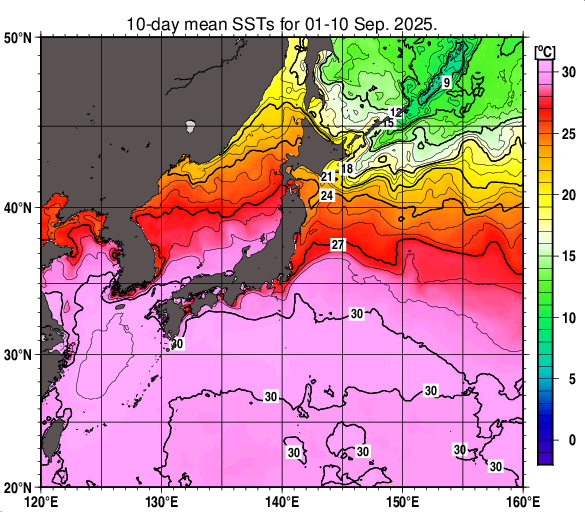 日本近海の旬平均海面水温分布図（2025年9月上旬）