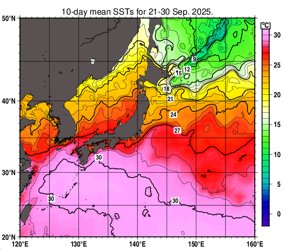 日本近海の旬平均海面水温分布図（2025年9月下旬）