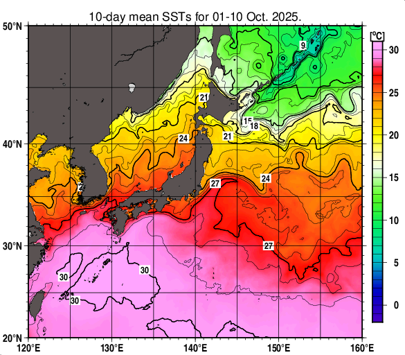 日本近海の旬平均海面水温分布図（2025年10月上旬）