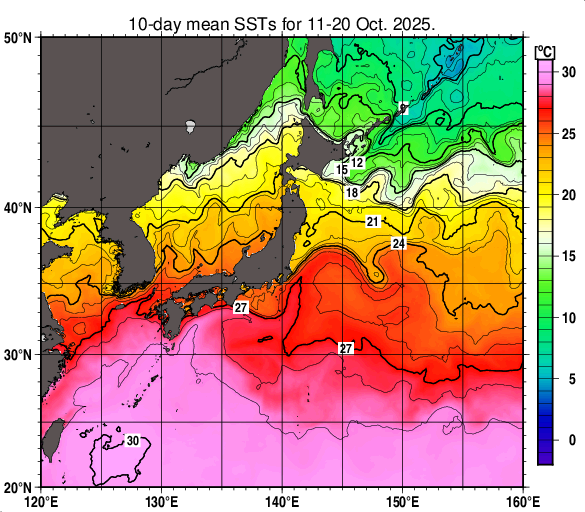 日本近海の旬平均海面水温分布図（2025年10月中旬）