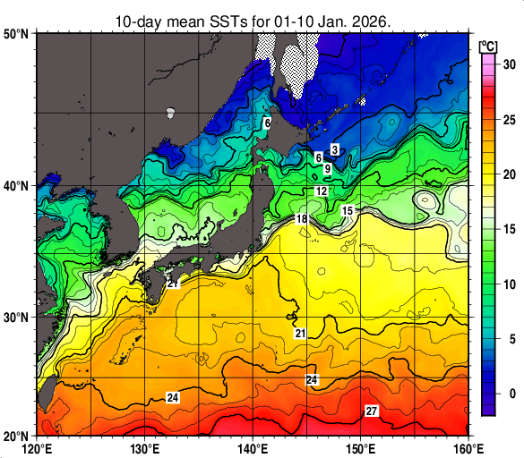 日本近海の旬平均海面水温分布図（2026年1月上旬）