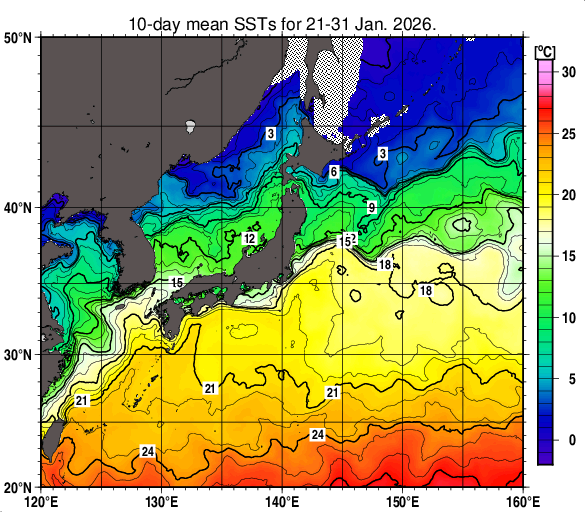 日本近海の旬平均海面水温分布図（2026年1月下旬）