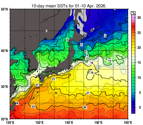 日本近海の旬平均海面水温分布図（2026年4月上旬）