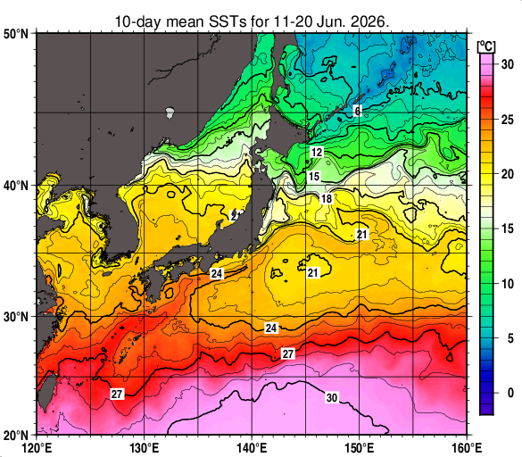 日本近海の旬平均海面水温分布図（2026年6月中旬）