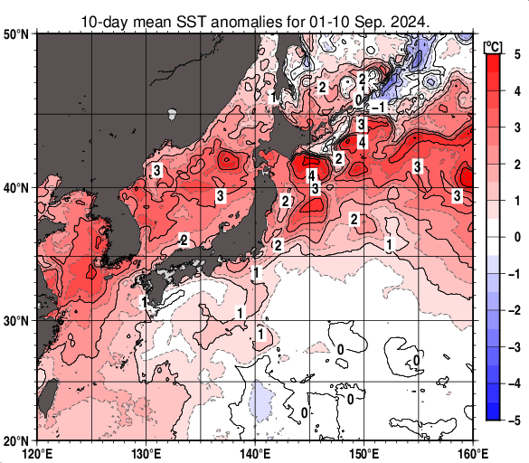 日本近海の旬平均海面水温平年差分布図（2024年9月上旬）