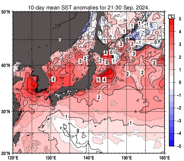 日本近海の旬平均海面水温平年差分布図（2024年9月下旬）