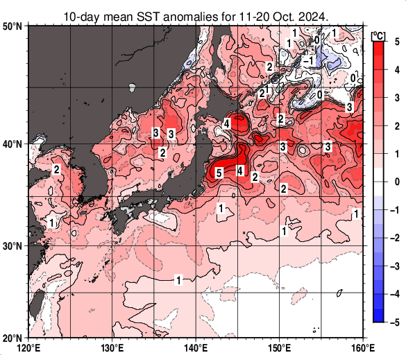 日本近海の旬平均海面水温平年差分布図（2024年10月中旬）