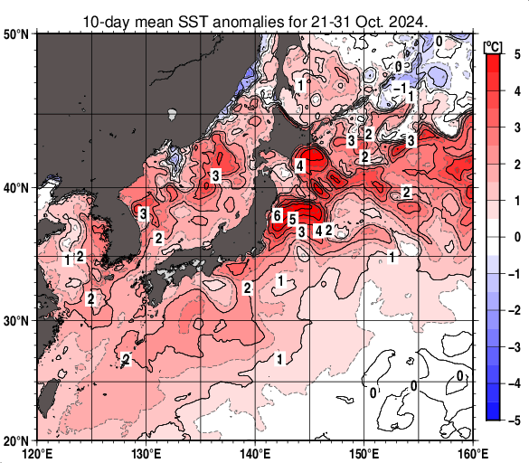 日本近海の旬平均海面水温平年差分布図（2024年10月下旬）