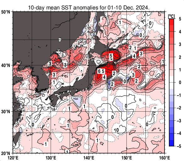 日本近海の旬平均海面水温平年差分布図（2024年12月上旬）