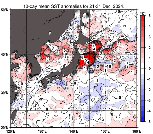 日本近海の旬平均海面水温平年差分布図（2024年12月下旬）