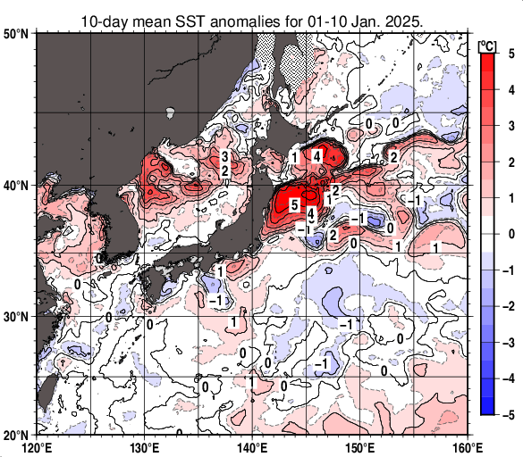 日本近海の旬平均海面水温平年差分布図（2025年1月上旬）