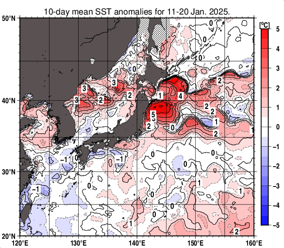 日本近海の旬平均海面水温平年差分布図（2025年1月中旬）