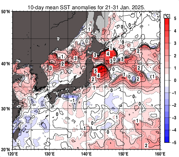 日本近海の旬平均海面水温平年差分布図（2025年1月下旬）