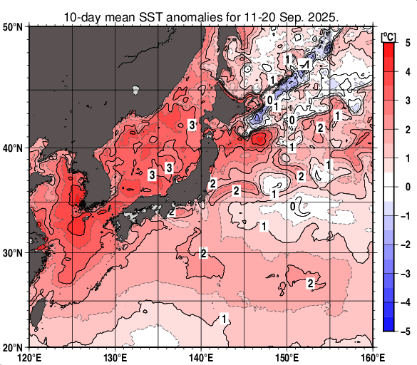 日本近海の旬平均海面水温平年差分布図（2025年9月中旬）