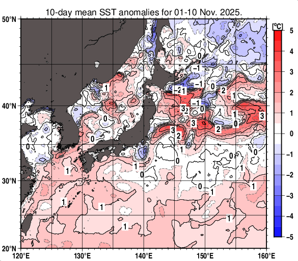 日本近海の旬平均海面水温平年差分布図（2025年11月上旬）