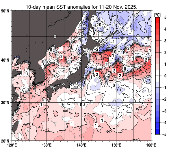 日本近海の旬平均海面水温平年差分布図（2025年11月中旬）
