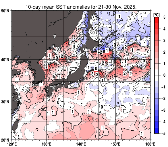 日本近海の旬平均海面水温平年差分布図（2025年11月下旬）
