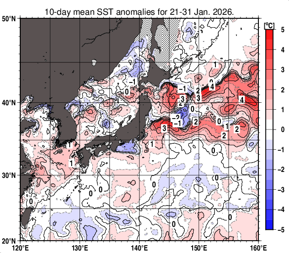日本近海の旬平均海面水温平年差分布図（2026年1月下旬）
