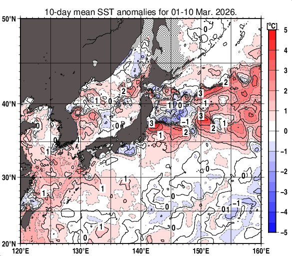 日本近海の旬平均海面水温平年差分布図（2026年3月上旬）