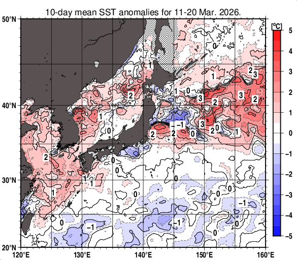日本近海の旬平均海面水温平年差分布図（2026年3月中旬）