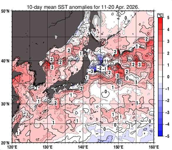日本近海の旬平均海面水温平年差分布図（2026年4月中旬）