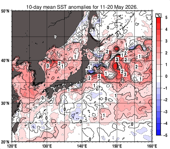 日本近海の旬平均海面水温平年差分布図（2026年5月中旬）