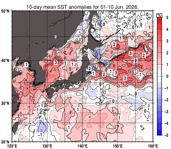 日本近海の旬平均海面水温平年差分布図（2026年6月上旬）