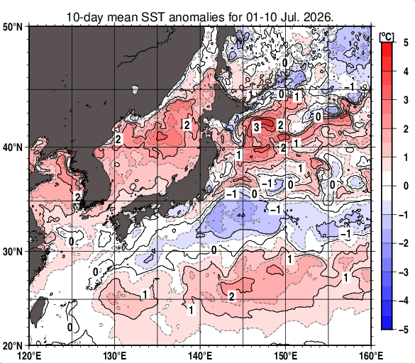 日本近海の旬平均海面水温平年差分布図（2026年7月上旬）