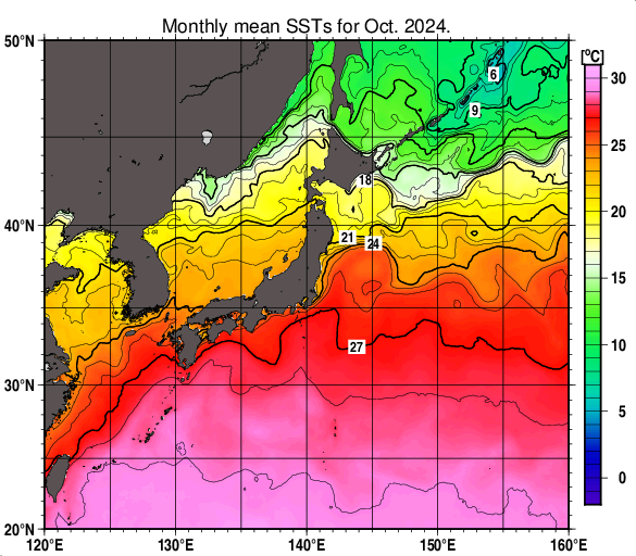 日本近海の月平均海面水温分布図（2024年10月）