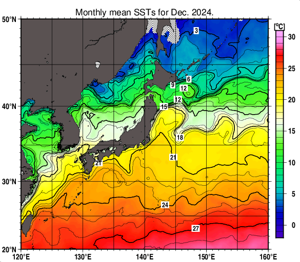 日本近海の月平均海面水温分布図（2024年12月）