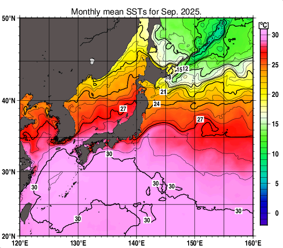 日本近海の月平均海面水温分布図（2025年9月）