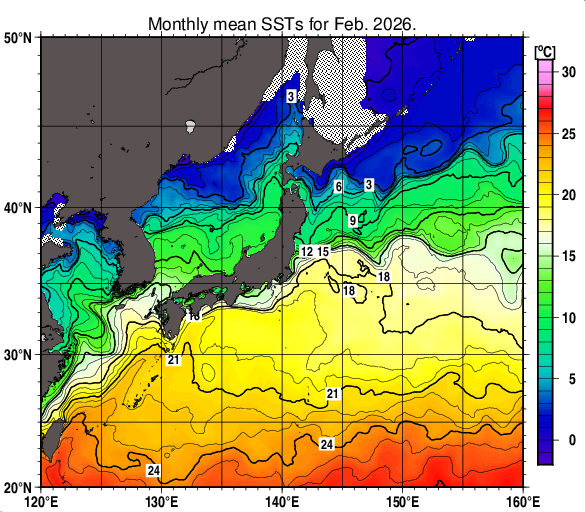 日本近海の月平均海面水温分布図（2026年2月）