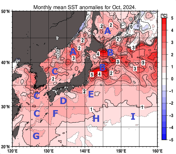 日本近海の月平均海面水温平年差分布図（2024年10月）