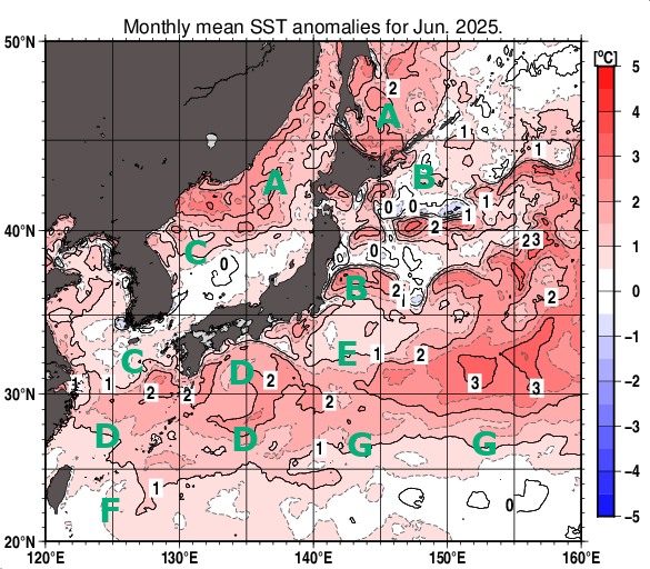 日本近海の月平均海面水温平年差分布図（2025年6月）