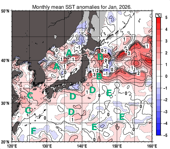 日本近海の月平均海面水温平年差分布図（2026年1月）