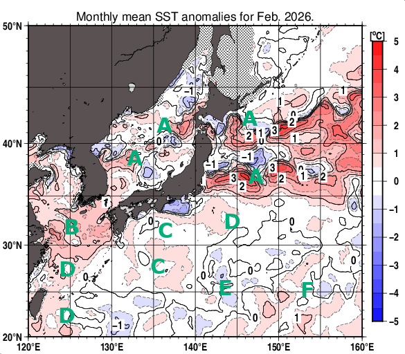日本近海の月平均海面水温平年差分布図（2026年2月）