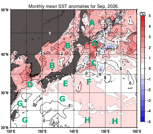 日本近海の月平均海面水温平年差分布図（2026年9月）