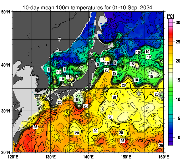 日本近海の深さ100mの旬平均水温分布図（2024年9月上旬）