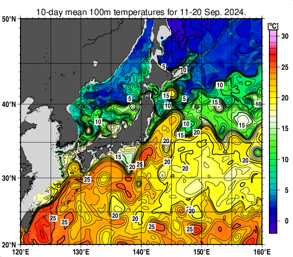 日本近海の深さ100mの旬平均水温分布図（2024年9月中旬）