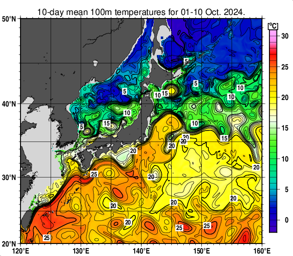 日本近海の深さ100mの旬平均水温分布図（2024年10月上旬）
