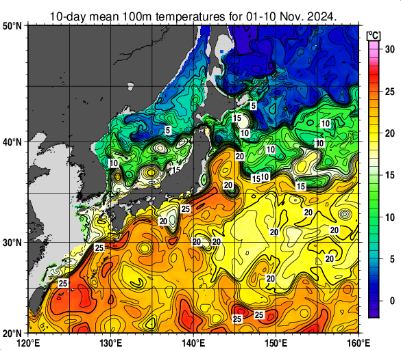 日本近海の深さ100mの旬平均水温分布図（2024年11月上旬）
