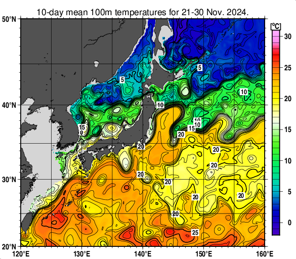 日本近海の深さ100mの旬平均水温分布図（2024年11月下旬）