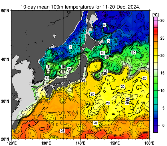 日本近海の深さ100mの旬平均水温分布図（2024年12月中旬）