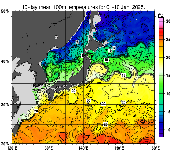 日本近海の深さ100mの旬平均水温分布図（2025年1月上旬）