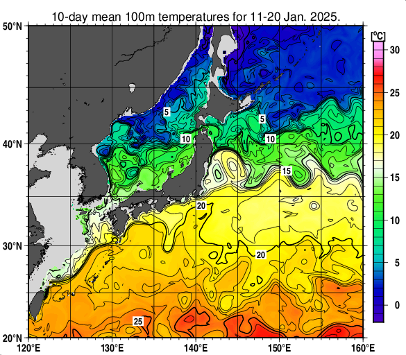 日本近海の深さ100mの旬平均水温分布図（2025年1月中旬）