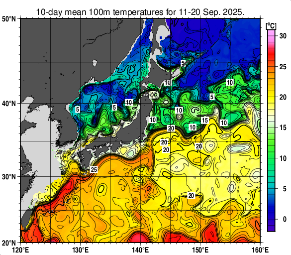 日本近海の深さ100mの旬平均水温分布図（2025年9月中旬）