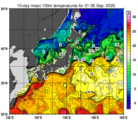 日本近海の深さ100mの旬平均水温分布図（2025年9月下旬）