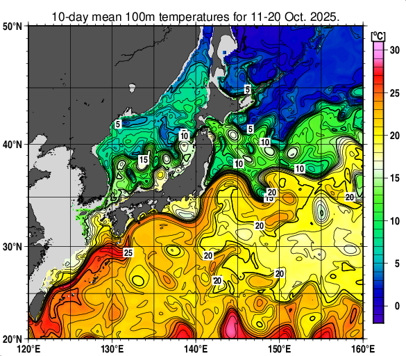 日本近海の深さ100mの旬平均水温分布図（2025年10月中旬）