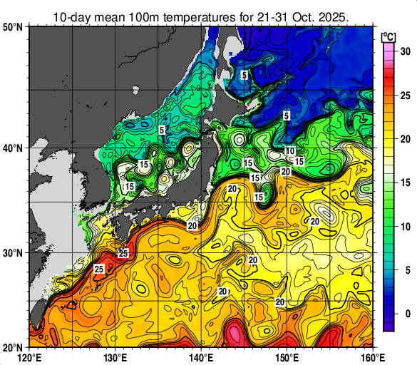 日本近海の深さ100mの旬平均水温分布図（2025年10月下旬）
