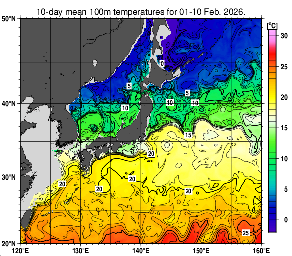日本近海の深さ100mの旬平均水温分布図（2026年2月上旬）